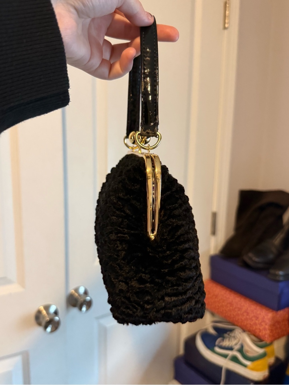 Black Textured Frame-Top Clutch with Gold Hardware - Picture 3 of 4